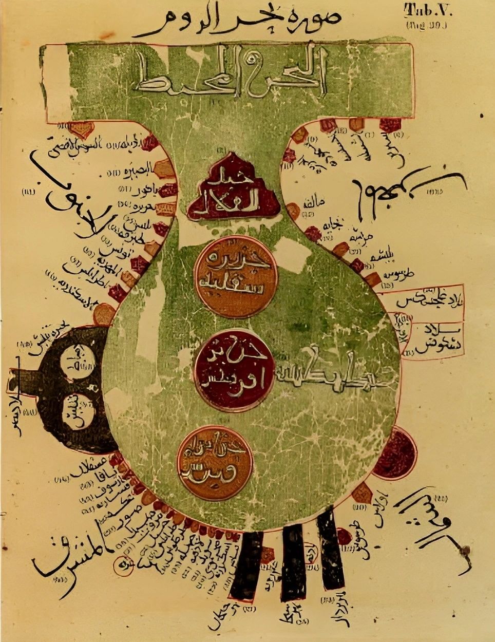 A 12th-century copy of a schematic contemporary Arabic map by al-Iṣṭakhri depicts Jabal al-Qilal as a triangular island (top centre) at the western end of the Mediterranean. The map is oriented west up.