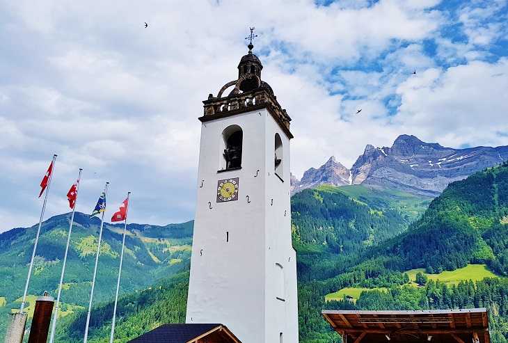 Bell tower in Champery Center Village Switzerland