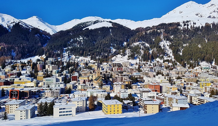 Overlooking the snow covered skiing Davos Ski Resort