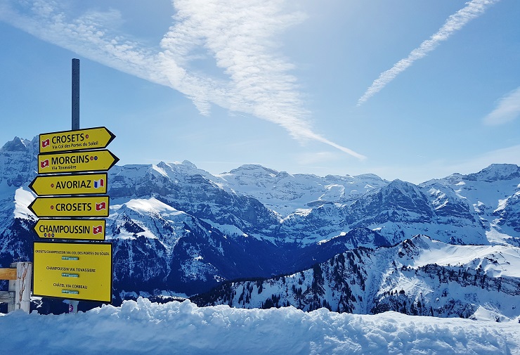 Signpost on the ski slopes of Champery