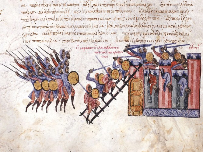 The capture of Syracuse (877-878), the Byzantine capital of Sicily, miniature from the Madrid Skylitzes.