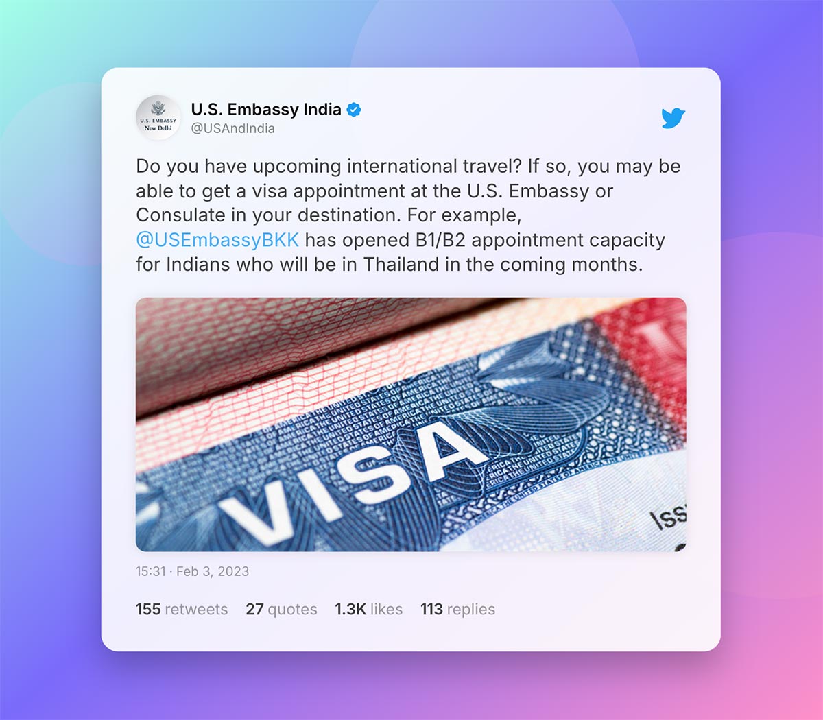 US Embassy India tweet